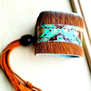 Boho Cuff Bracelet w/leather Navajo turquoise Hair on hide.